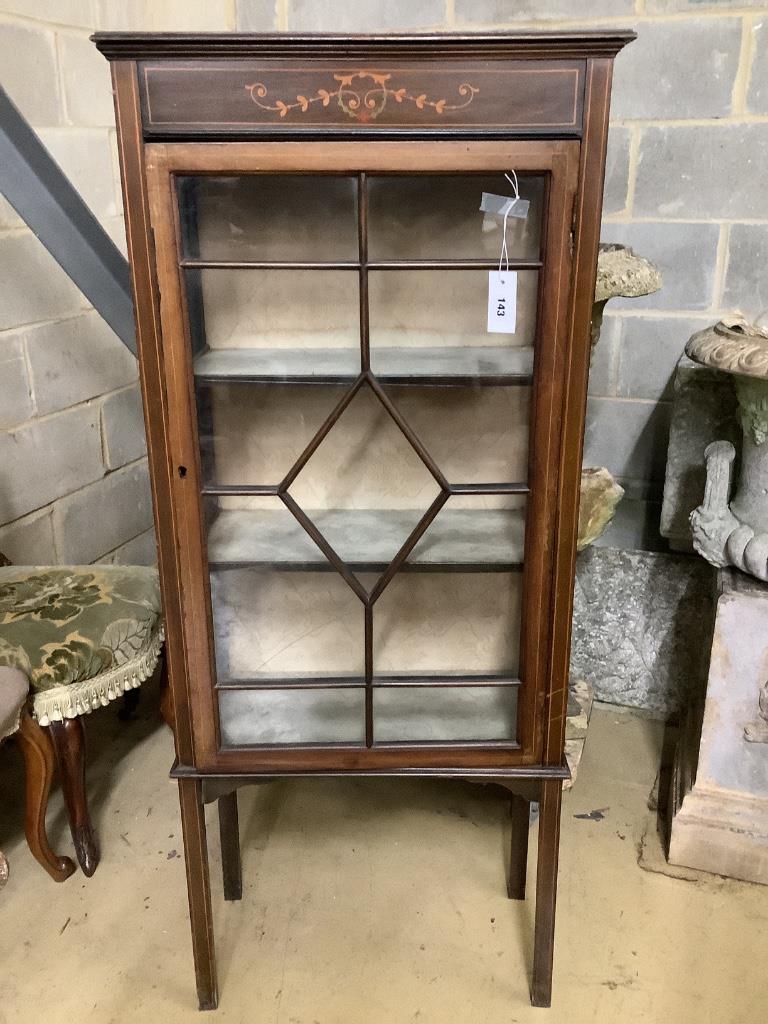 An Edwardian stencil decorated mahogany display cabinet, width 59cm, depth 29cm, height 141cm